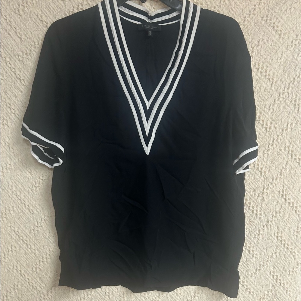 rag & bone Black V-Neck Shirt with White Stripes